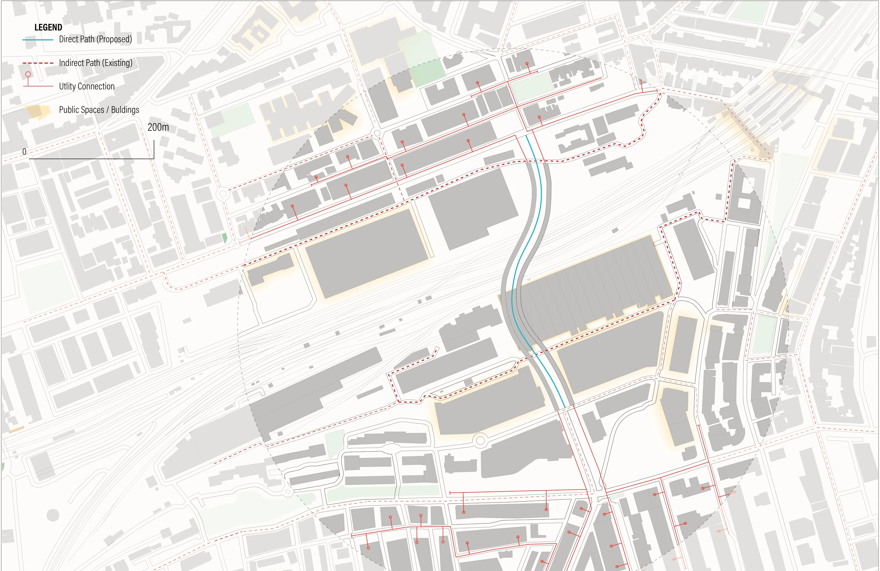 Precinct connections: Proposed and existing routes, utility connections and surrounding public spaces.