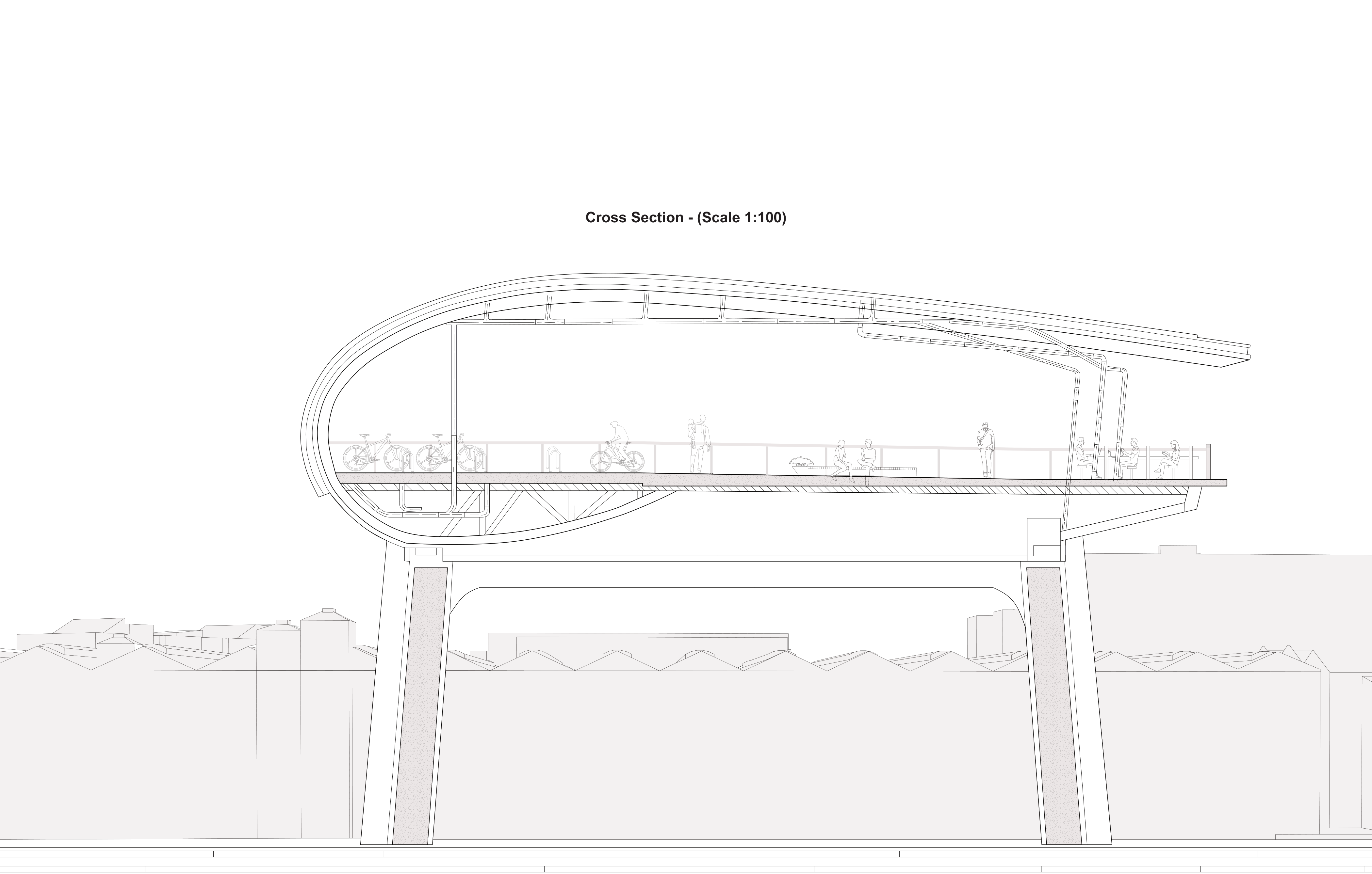 Cross section: The section brings the sheltered deck, supporting columns and services into one view.