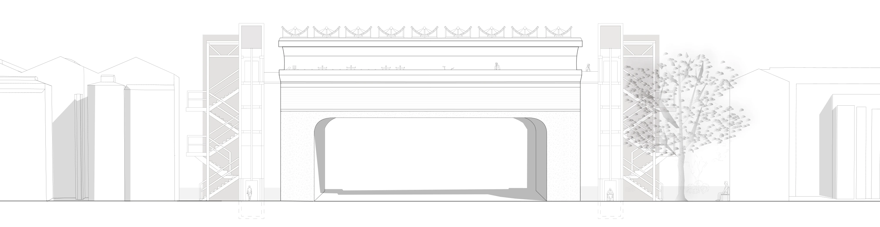 Elevation: The crossing and its approaches in relation to the rail corridor.