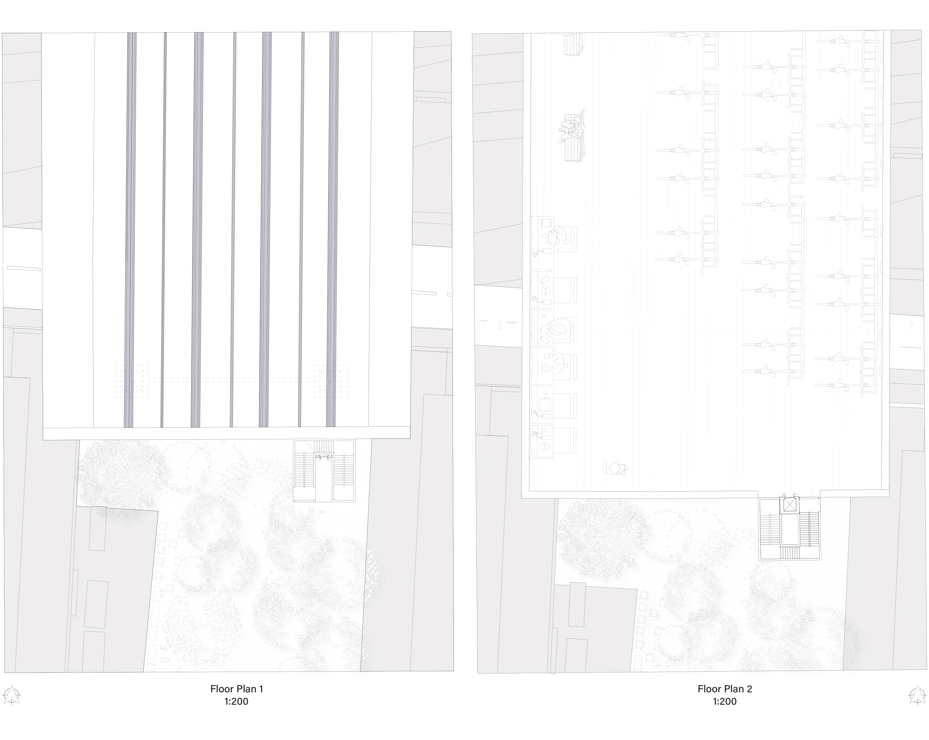 Floor plans: The two plan drawings describe the arrangement of the roof and occupied deck.
