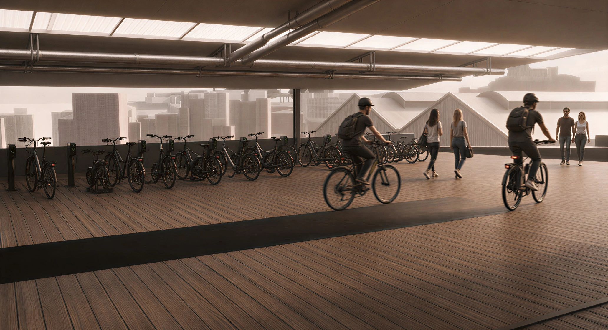 An occupied promenade: Cycling, seating and movement share the crossing.
