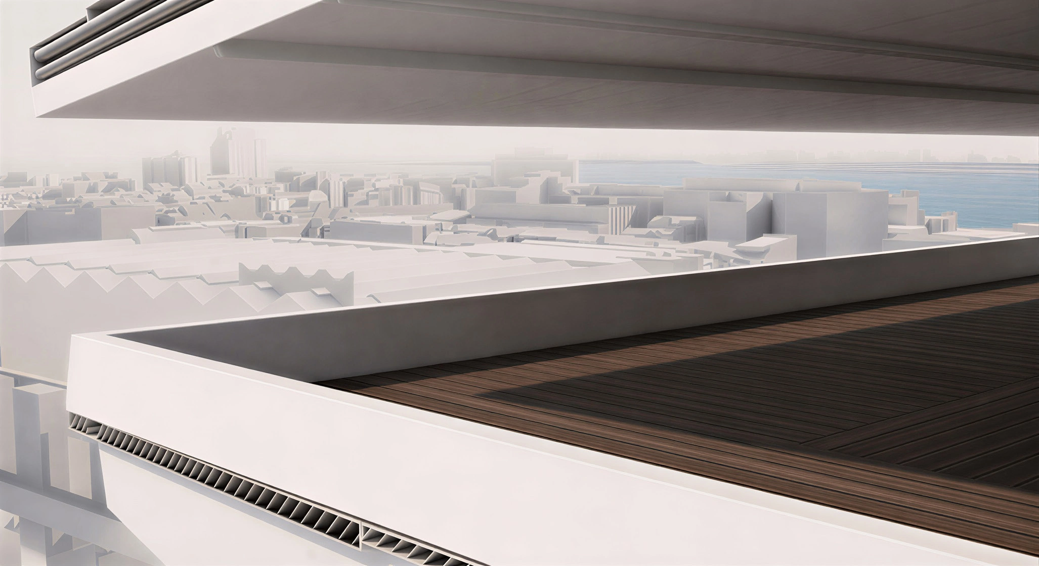 Outlook across the precinct: The edge of the deck frames views toward the surrounding city.
