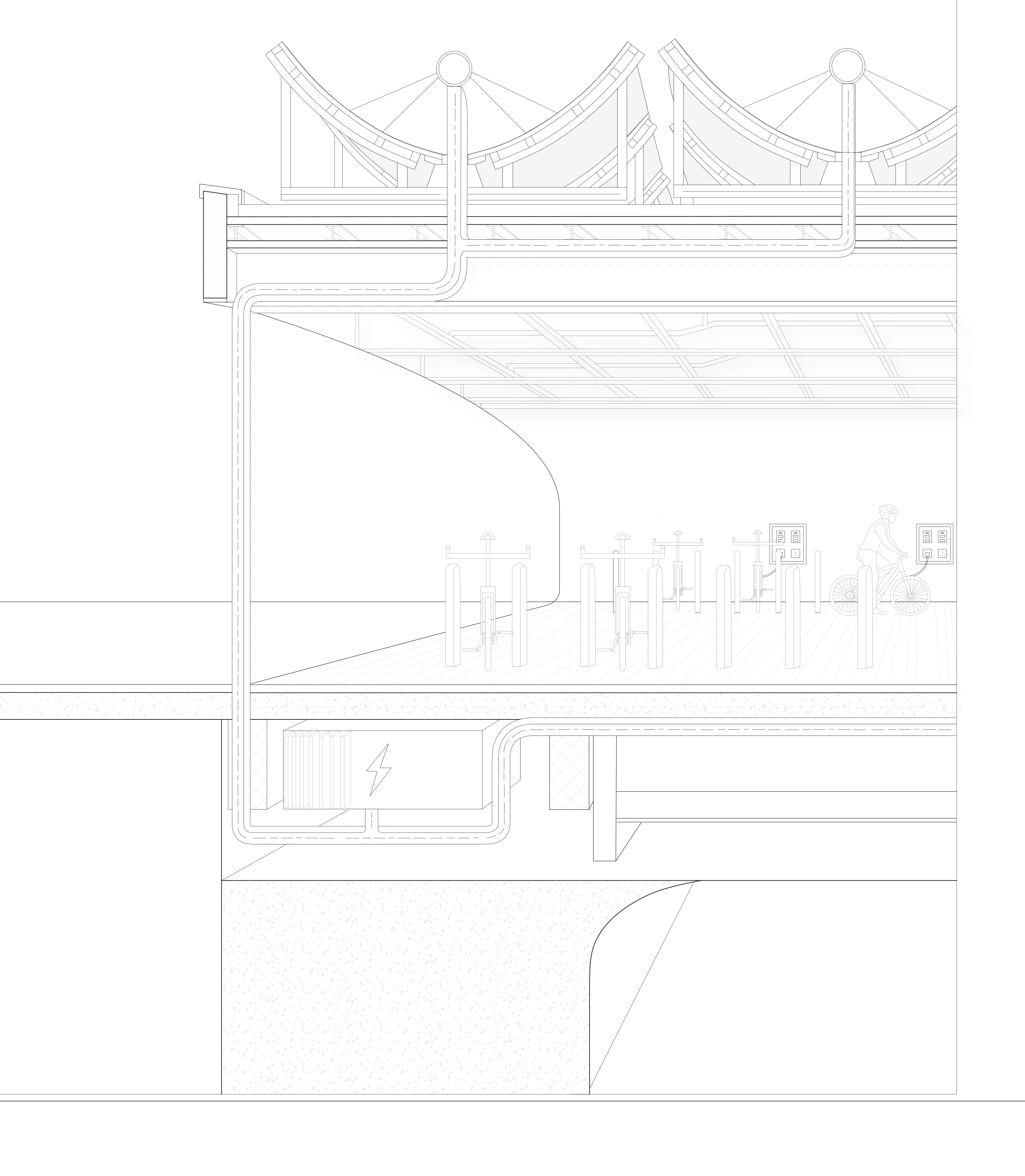 Section perspective: A closer view of the occupied deck and supporting construction.