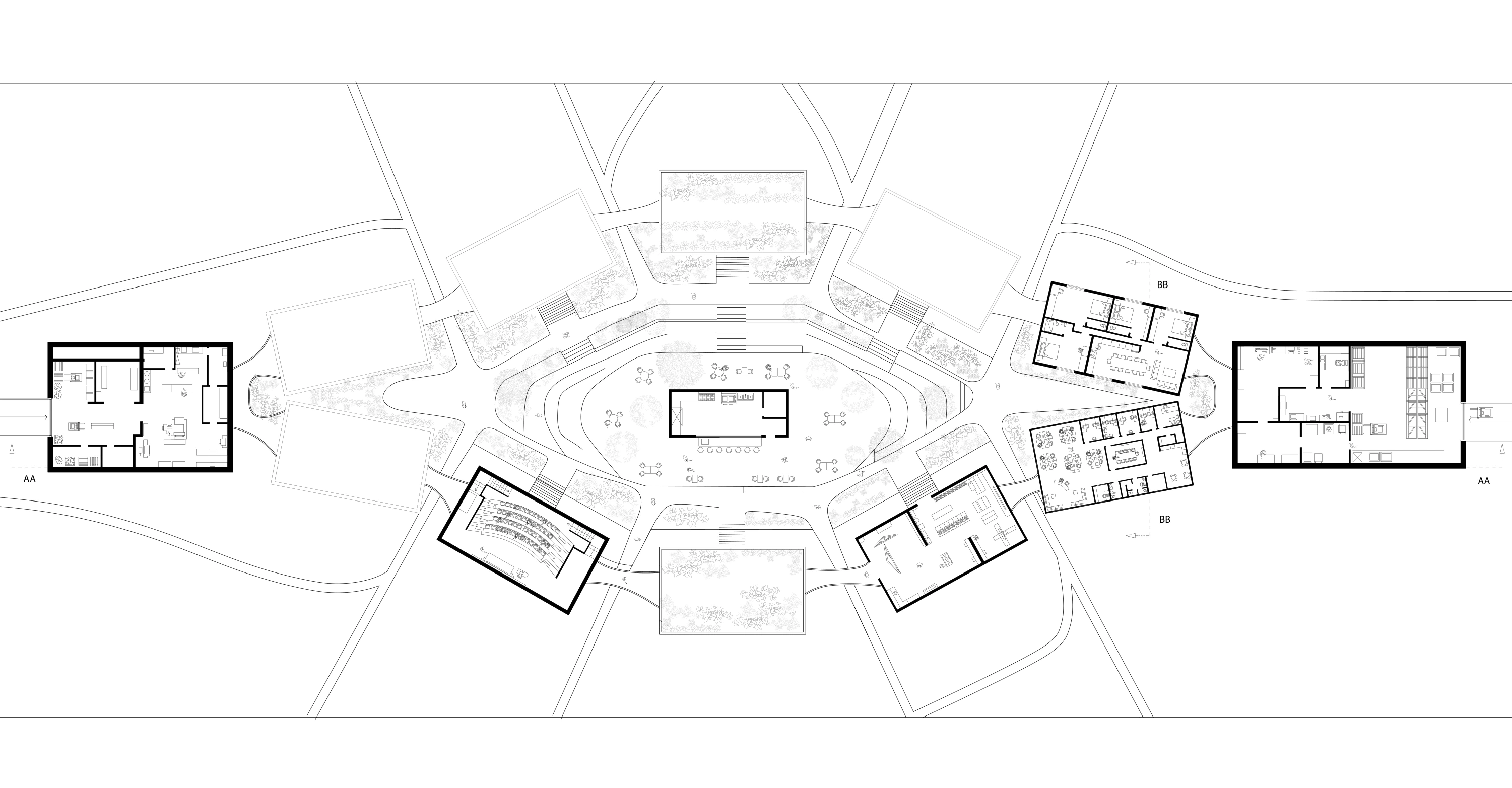 Drafted plan: The plan locates the principal programme areas and their connections.