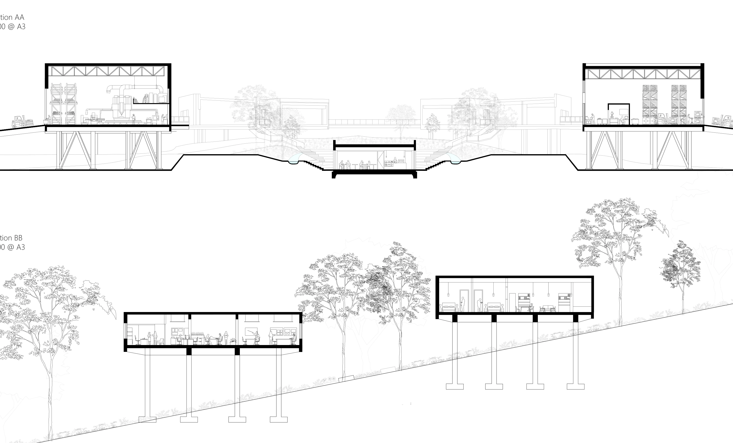 Drafted sections: Two sections describe spatial relationships and the building’s meeting with the terrain.